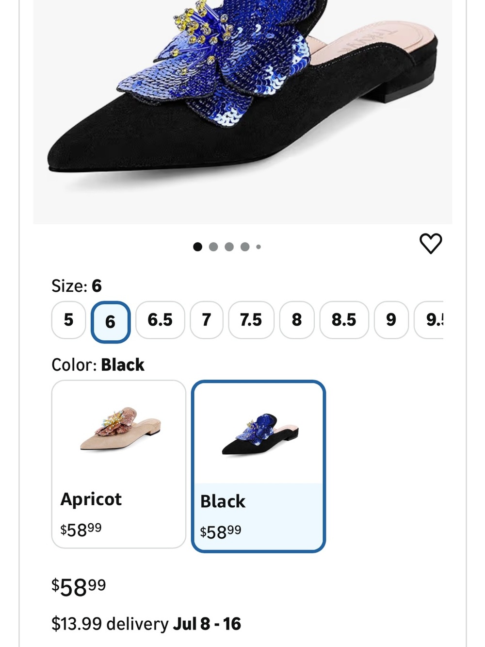 Black Pointed Toe Slip-On Mule with Blue Sequin Flower. New in box
